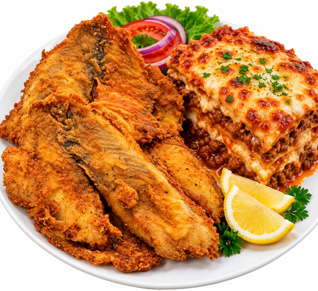 Lasagna & Fried Tilapia.