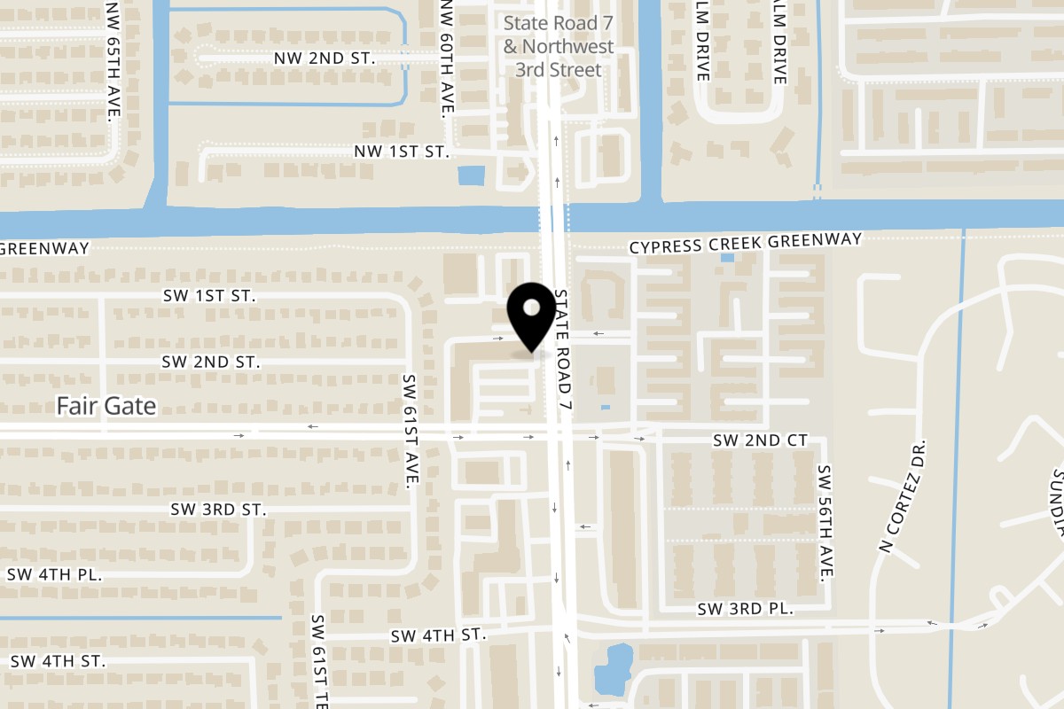 Map showing the location of Delish Caribbean Restaurant on 171 S State Rd 7 in Margate